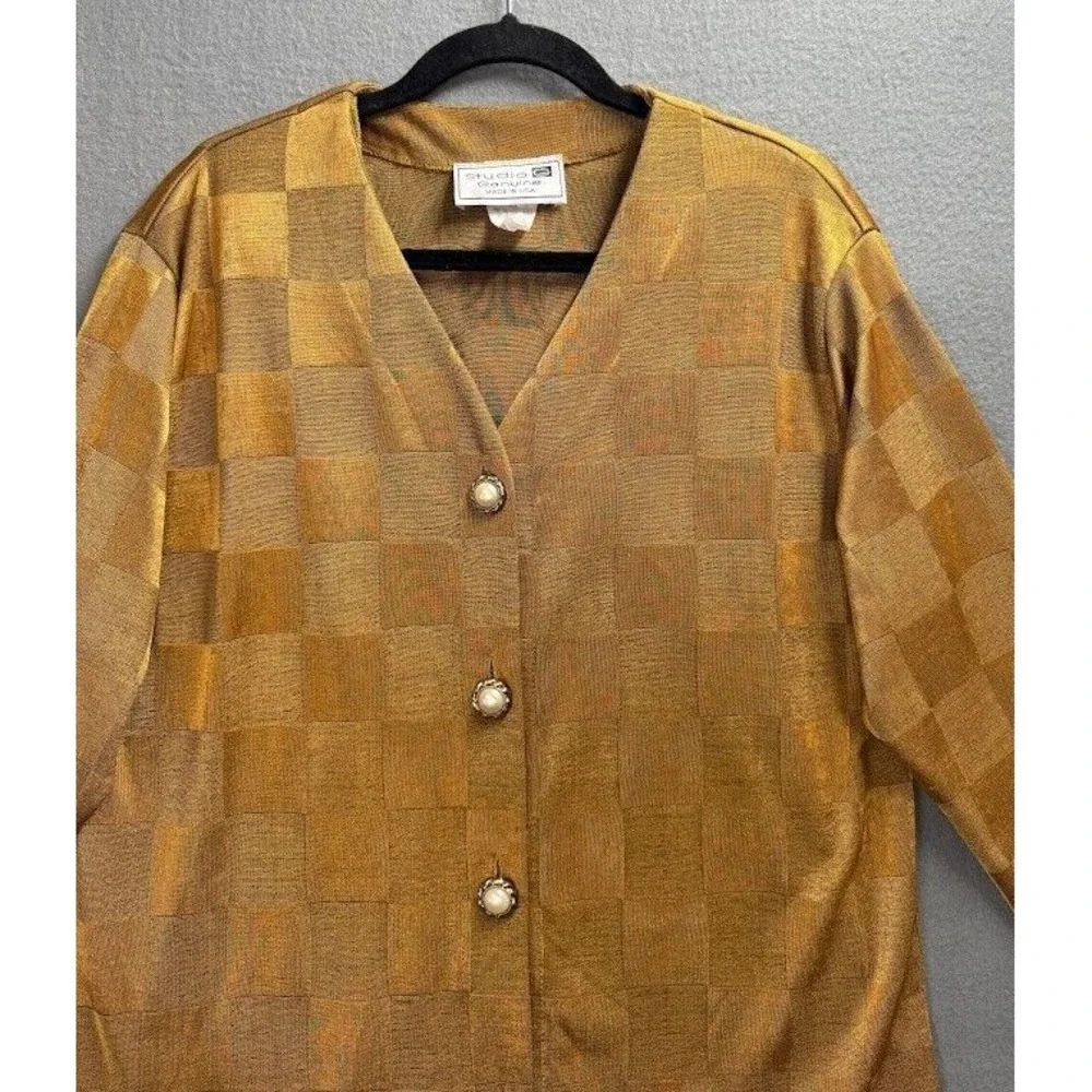 Studio G Jacket Women Small Gold Plaid V Neck‎  Long Sleeve Buttons Top
